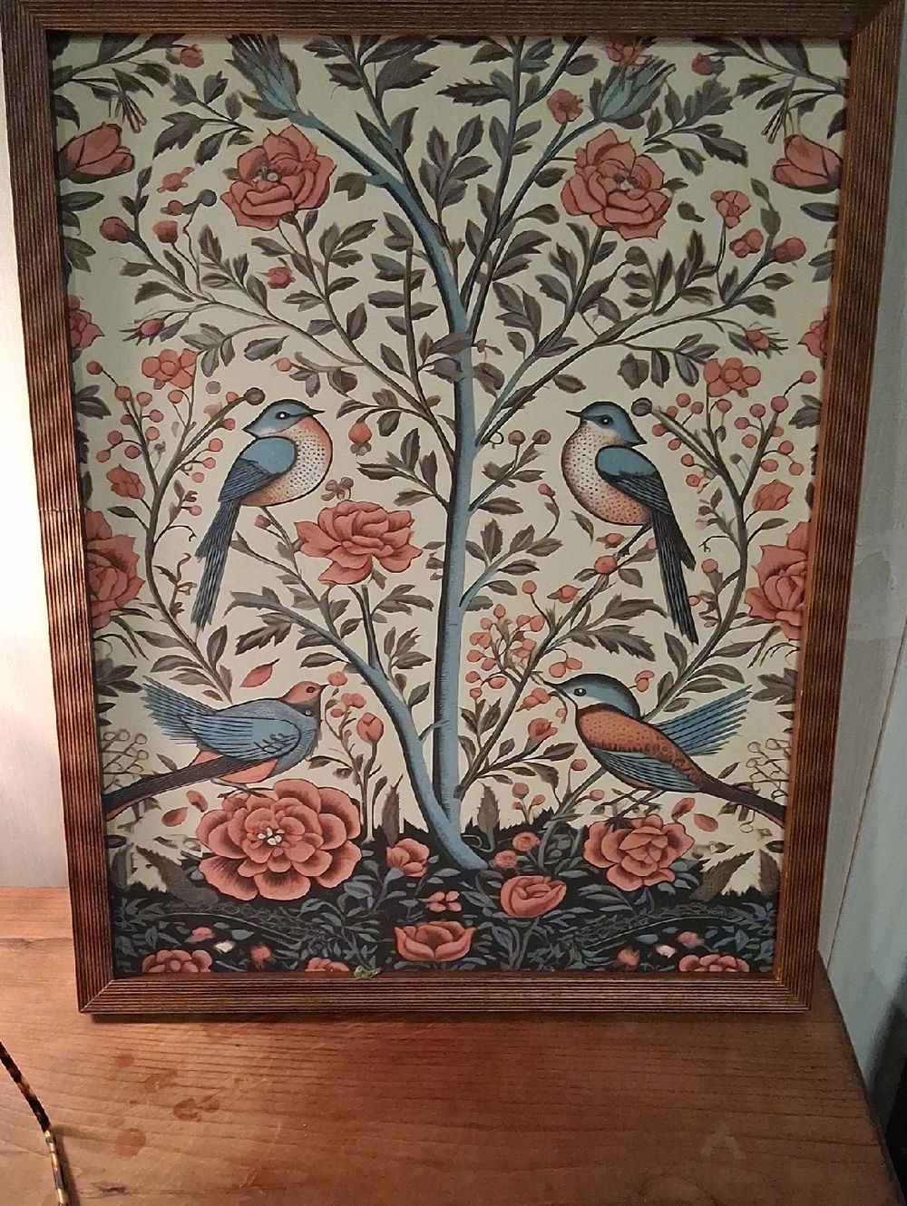 Framed Bird & Floral Wall Art in Blue and Coral - Brand